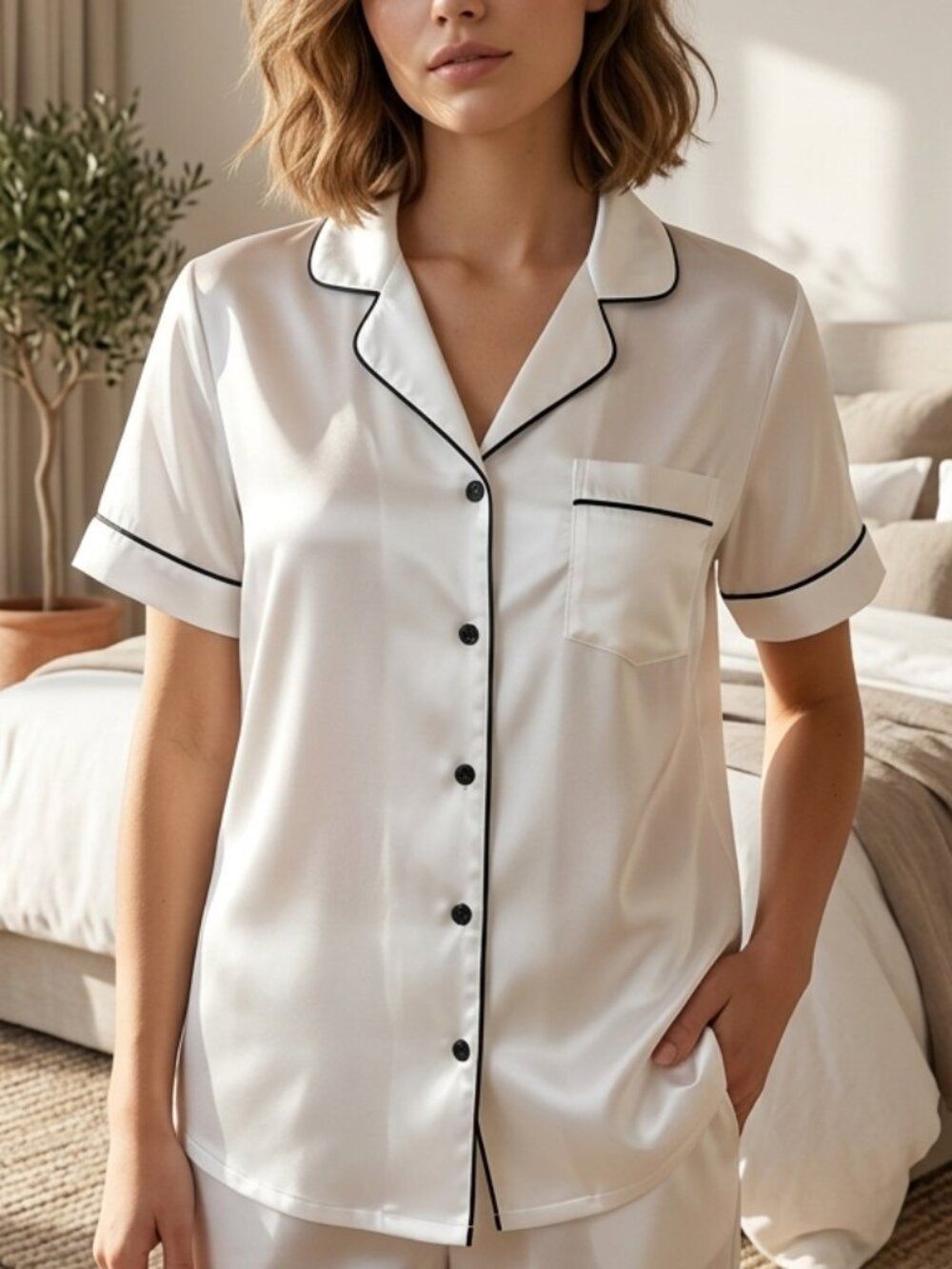 NWT SWOMOG Luxury White Satin Pajama Top – Small
